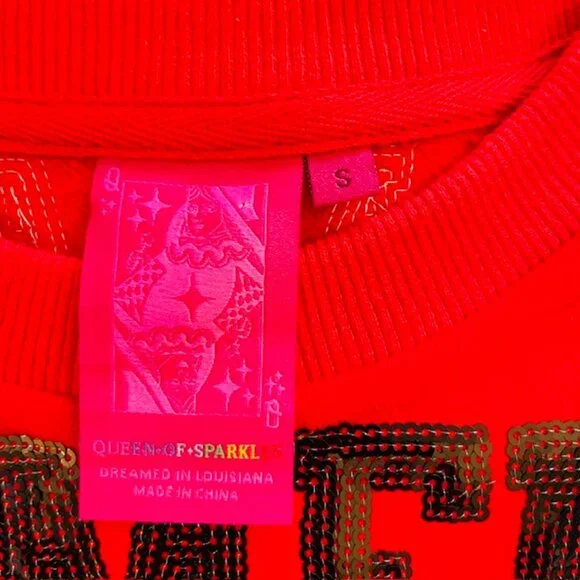 Queen of Sparkles QOS Sequin Game Day Sweatshirt Boxy Crop Fit Red/Black Small - Picture 3 of 7